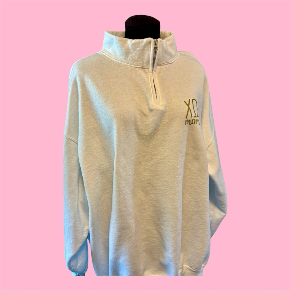 Chi Omega Mom White Quarter-Zip Long Sleeve Sweatshirt with Gold Print size 3XL - Picture 10 of 11